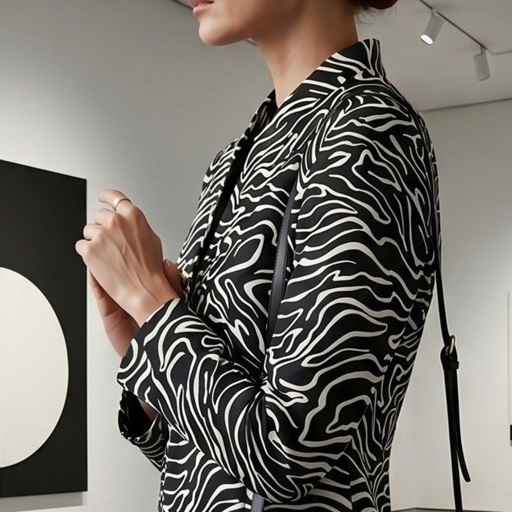 Talbots Woman 16W Petites Silk Wool Zebra Print Zip Up Jacket Black White